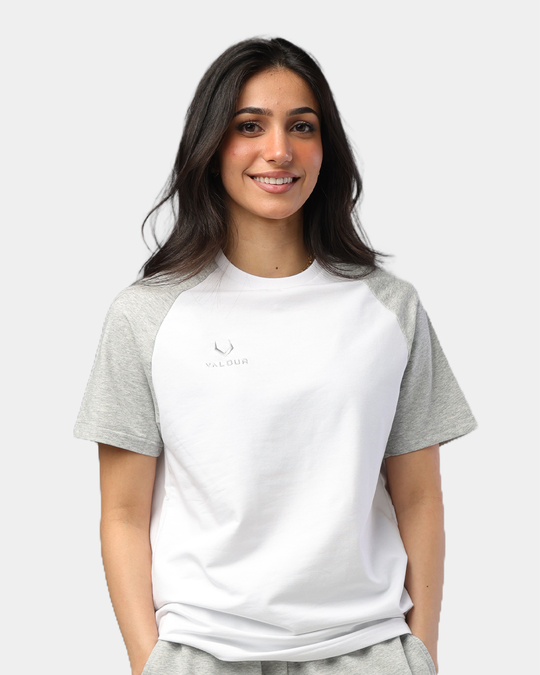 Fusion - Round Neck Top Raglan - White\Grey